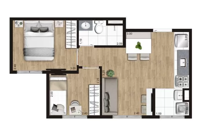 Planta 01 - 2 dorm 37m² – KZ Jabaquara