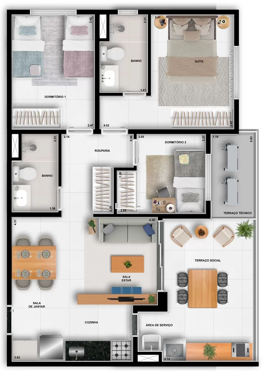 Planta 02 - 3 dorm 78m² – Wish 675