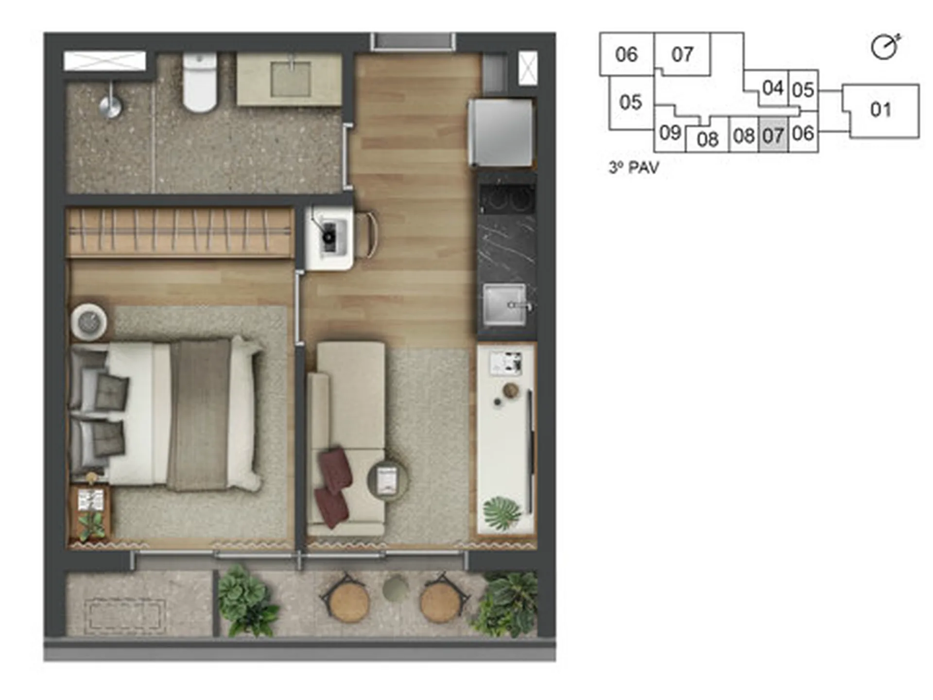 Planta do 1800 Oscar Pinheiros em Pinheiros — 1 dormitório – 34 m² Studio