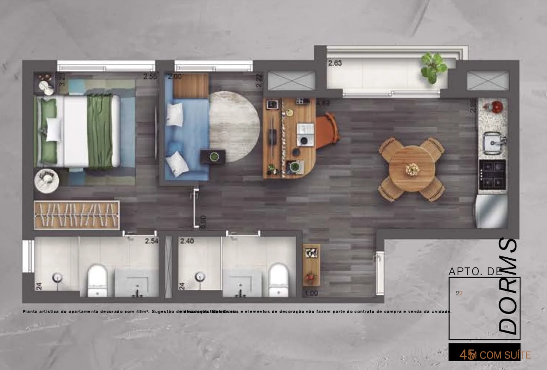 Planta do AD 330 em Santo Amaro — 2 dormitórios, 45 m²