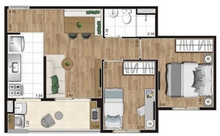 Planta do Alto do Jardim Jacarandá em Cursino — 2 dormitórios, 45,34 m²