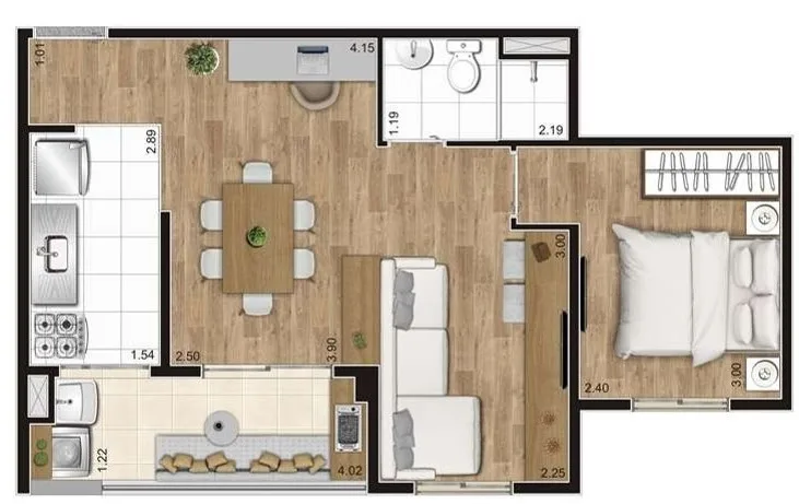 Planta do Alto do Jardim Jacarandá em Cursino — 1 dormitório, 45,34 m² (opção)