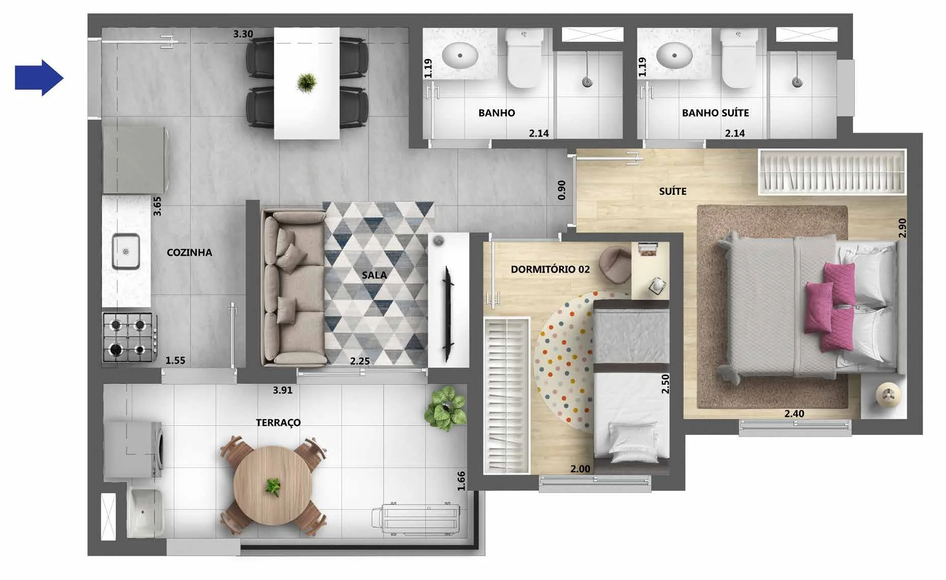 Planta do Alto São Domingos em Pirituba — 2 dormitórios, 45 m²