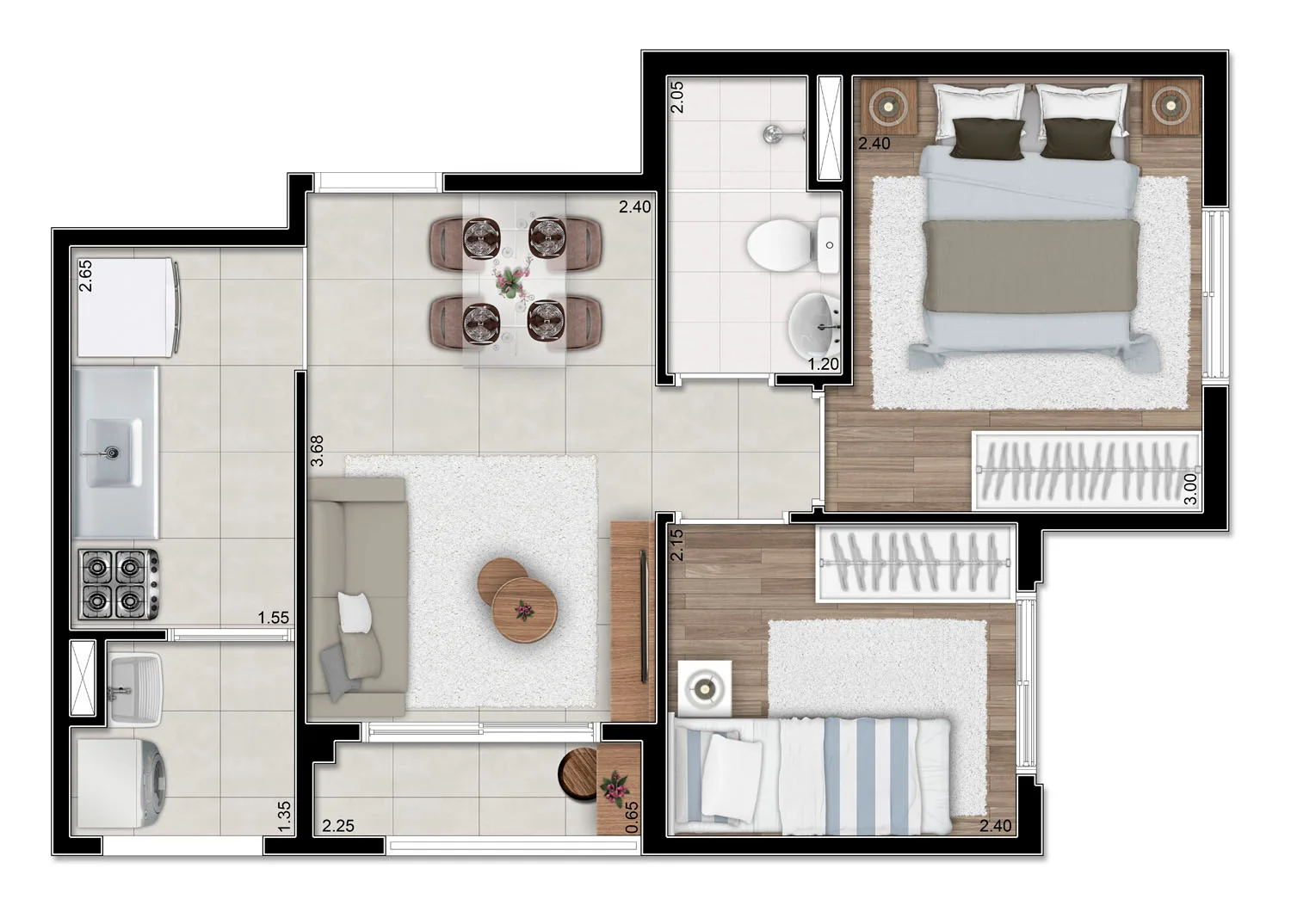 Planta do Alvorada Residence em Itaquera — 2 dorm. 37,88 m²