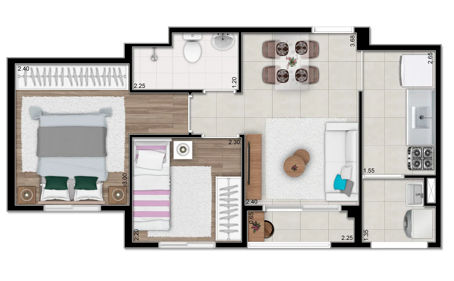 Planta do Alvorada Residence em Itaquera — 2 dorm. 39,58 m²