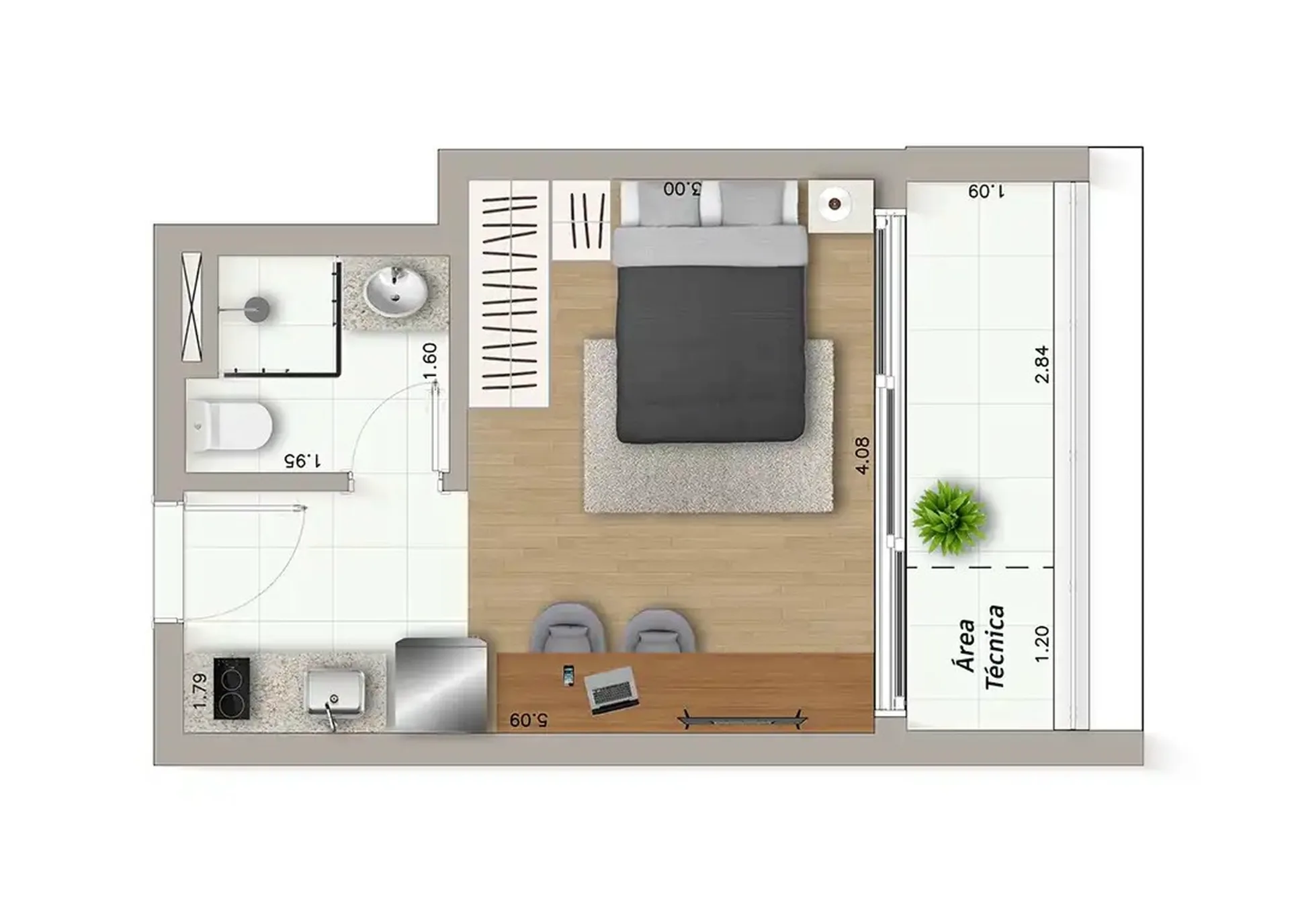 Planta do Ateliê Vila Madalena em Perdizes — studio de 29,28 m²