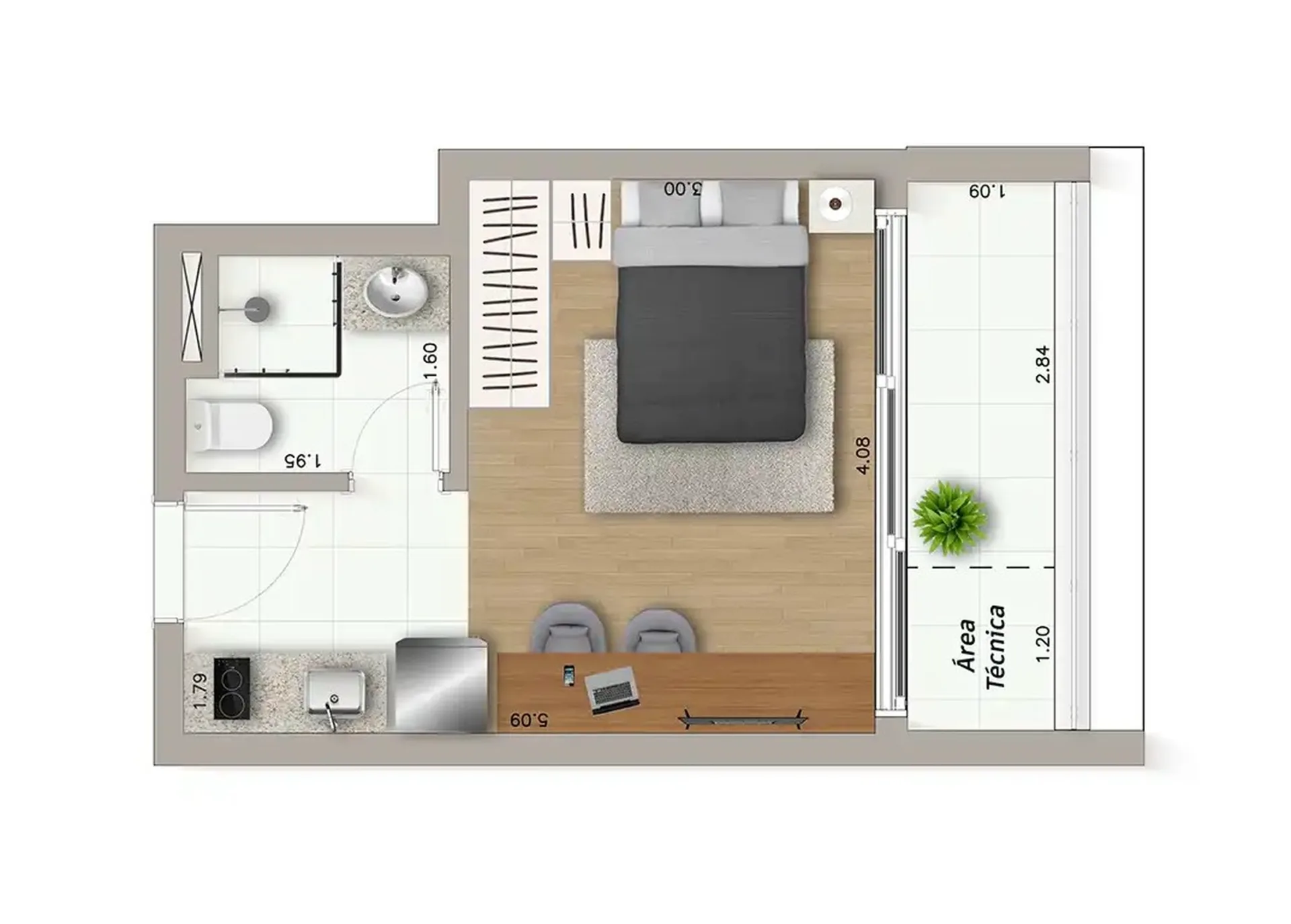 Planta do Ateliê Vila Madalena em Sumaré — 1 dormitório – 29,28 m² Studio