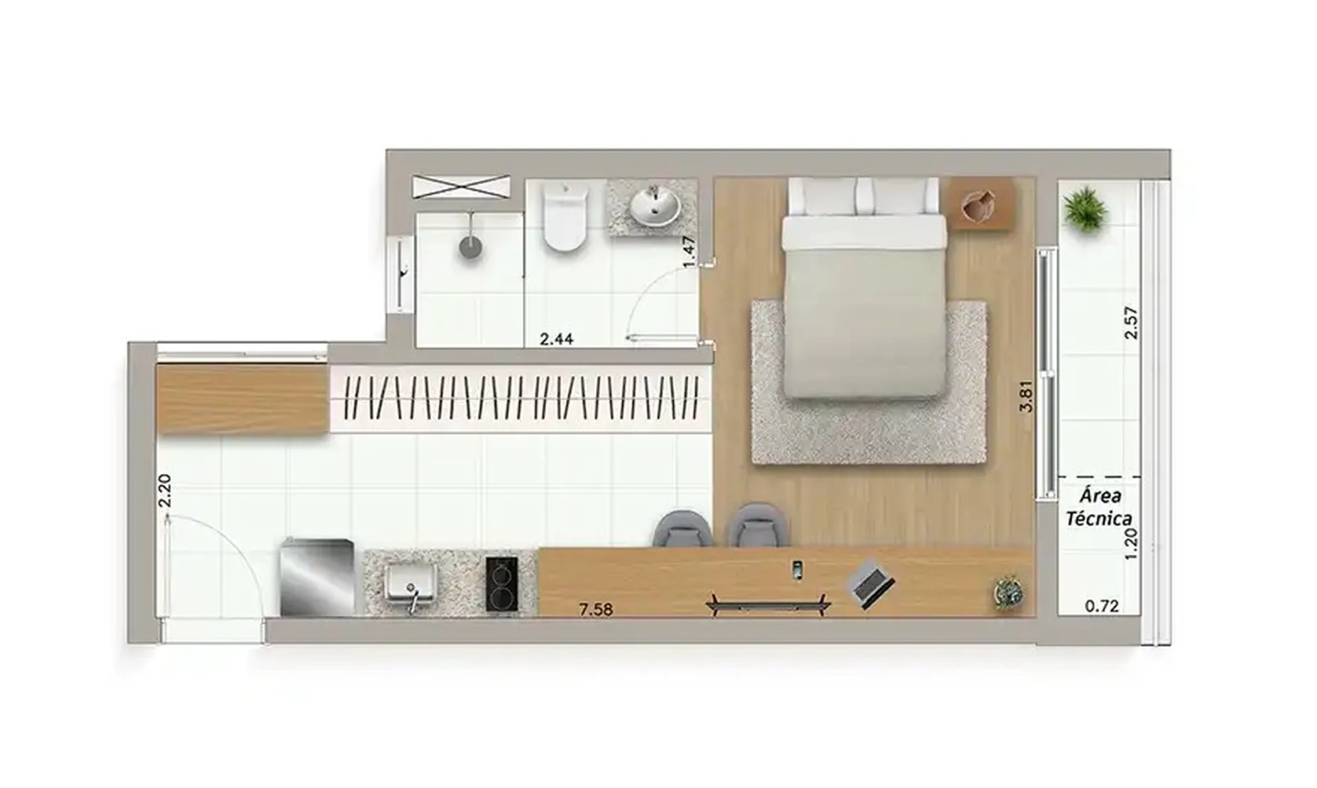 Planta do Ateliê Vila Madalena em Sumaré — 1 dormitório – 33,5 m² Studio