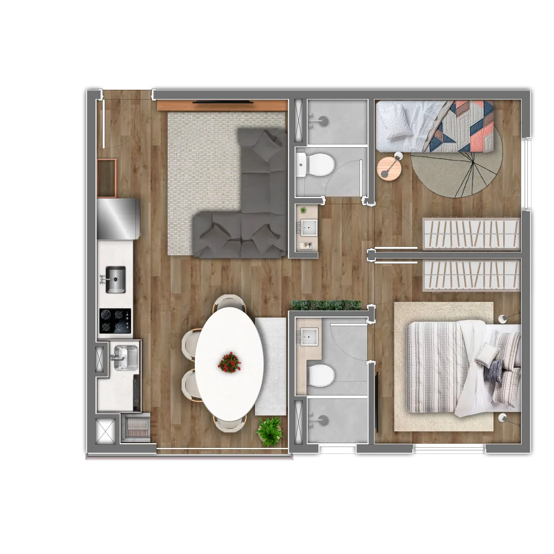 Planta do Aura em Vila Guilhermina — 2 dormitórios, 44 m²