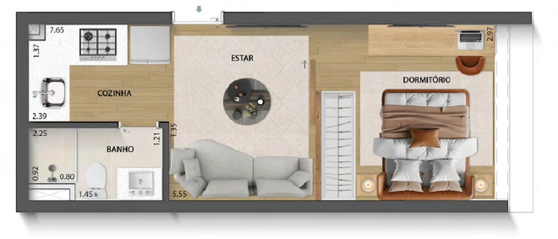 Planta do Aurum Perdizes Studios em Perdizes — 1 dormitório – 28,65 m² Studio