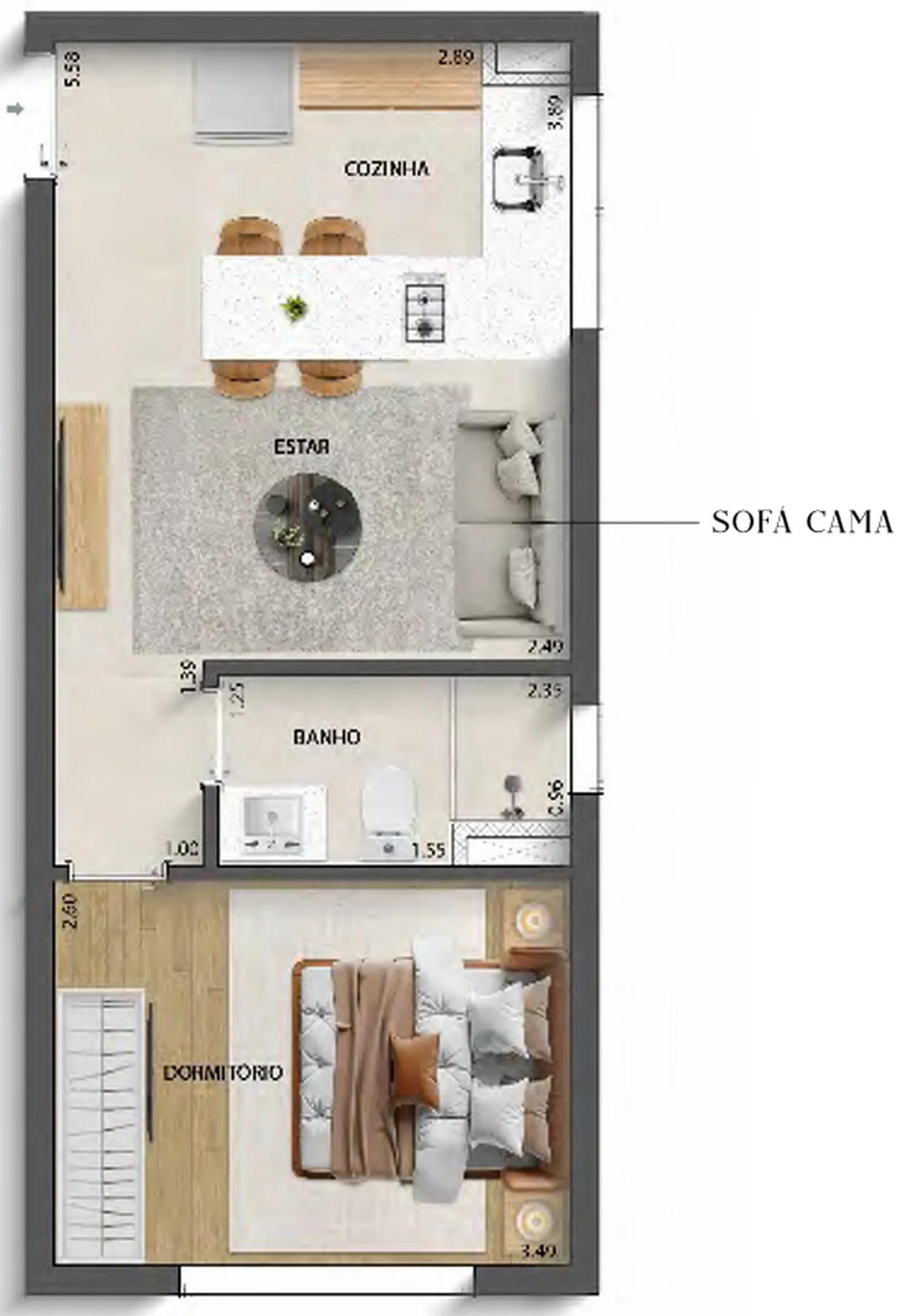 Planta do Aurum Perdizes Studios em Perdizes — 1 dormitório – 38,14 m²