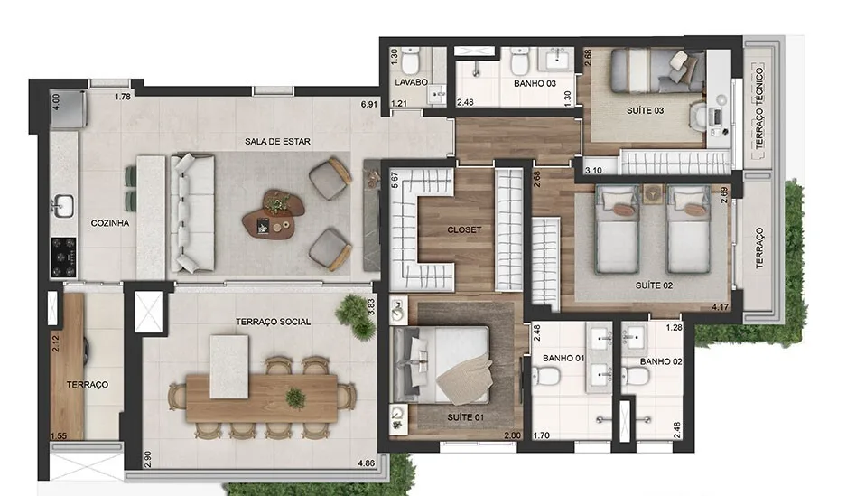 Planta do Bem Moema em Moema — 3 dormitórios, 123 m²