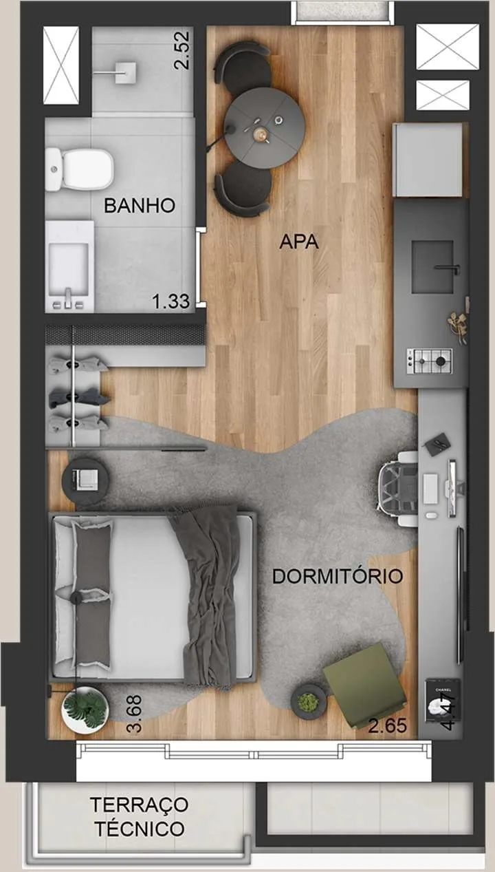 Planta do Bem Moema Studios em Moema — studio de 26 m²