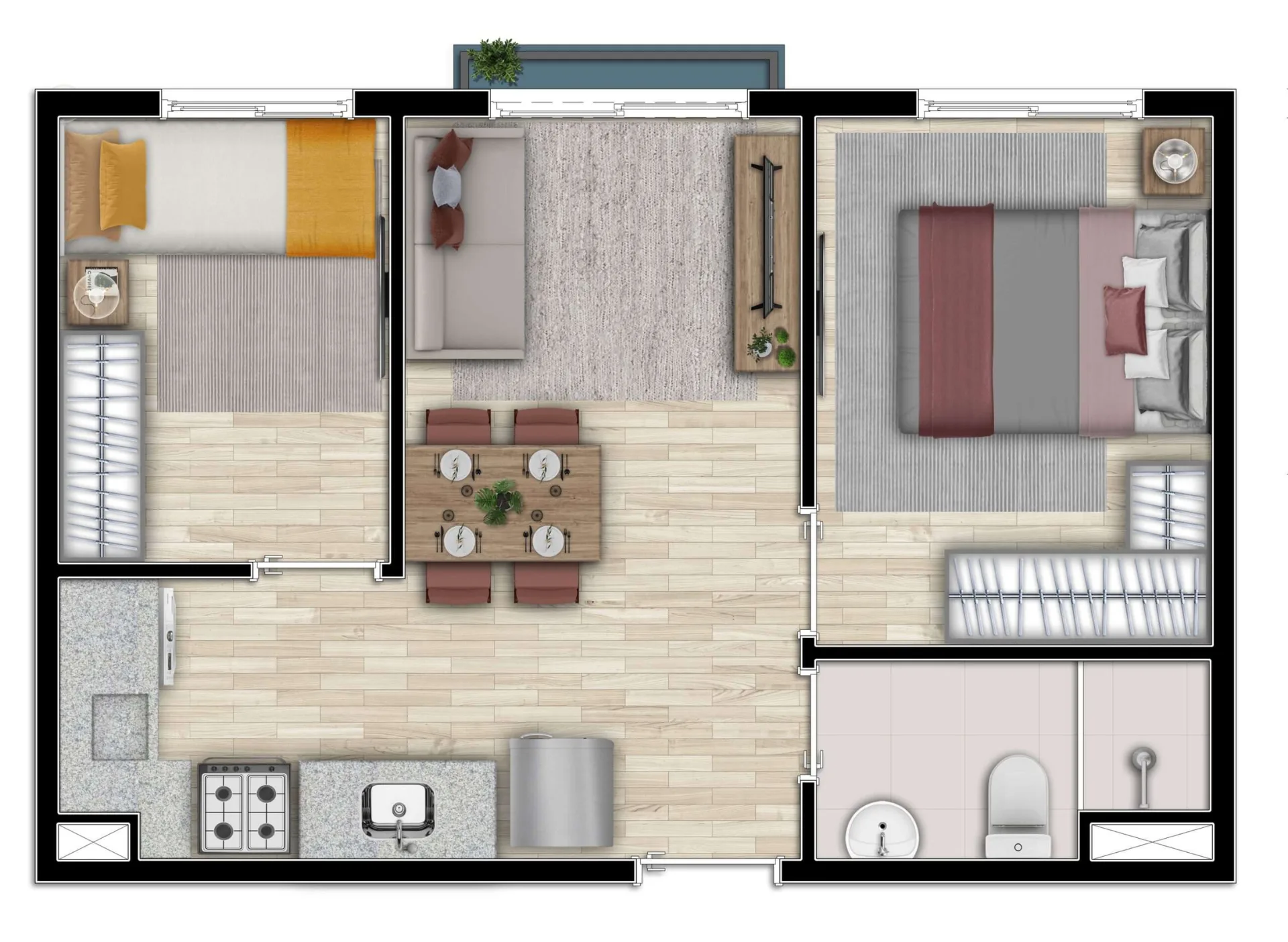 Planta do Bem Viver Albuquerque Lins em Santa Cecília — 2 dormitórios, 33,82 m²