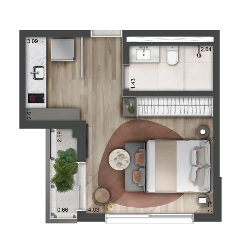 Planta do Blues Perdizes em Sumaré — 1 dormitório – 34 m² Studio