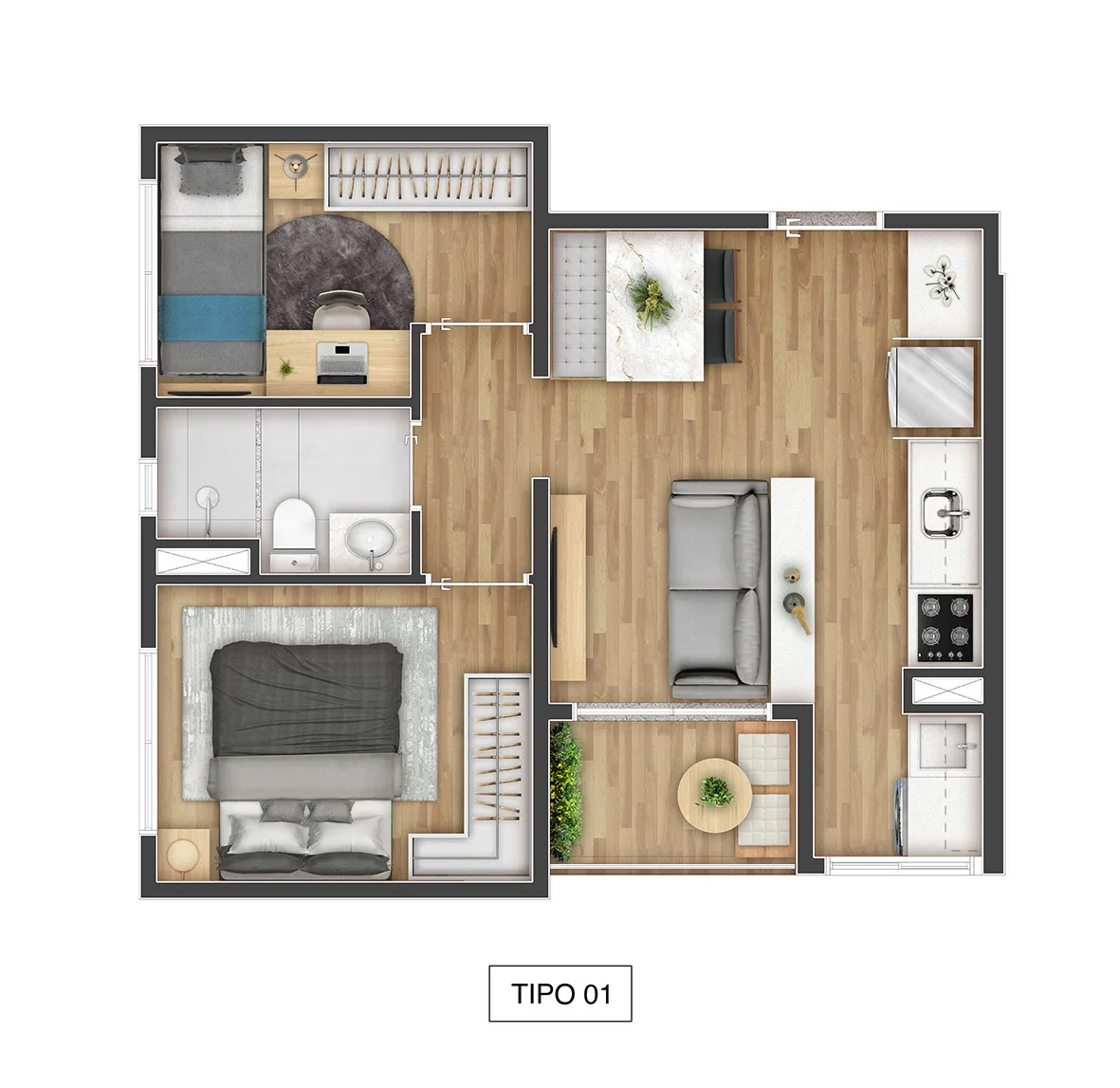 Planta do Boulevard Botânico em Saúde — 2 dormitórios, 39 m²