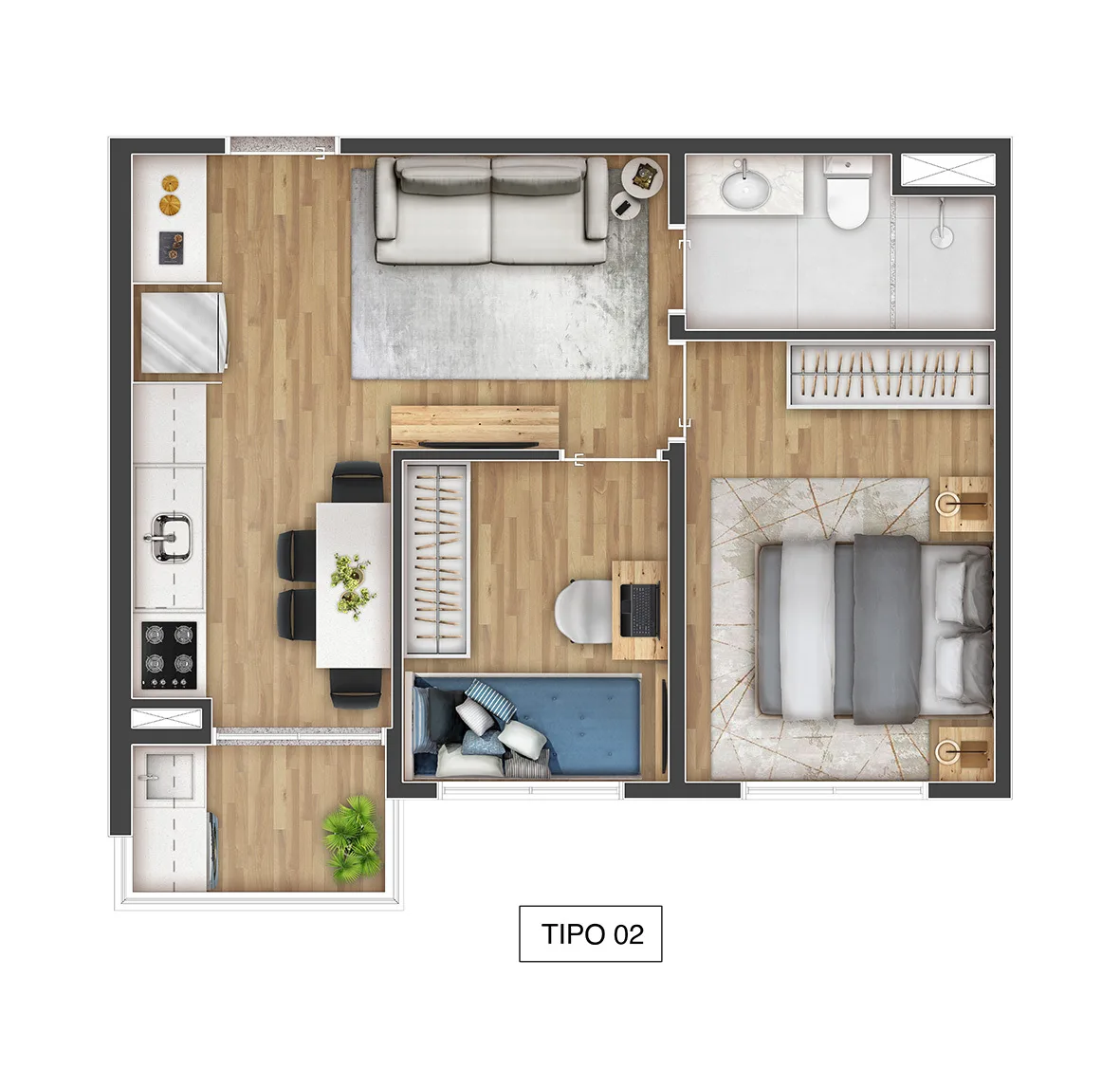 Planta do Boulevard Botânico em Saúde — 2 dormitórios, 39 m²