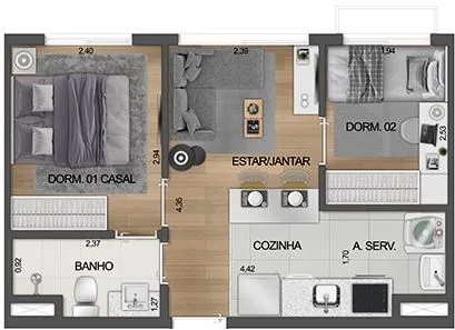 Planta do Boulevard Ibirapuera Agami em Moema — 2 dormitórios, 33 m²