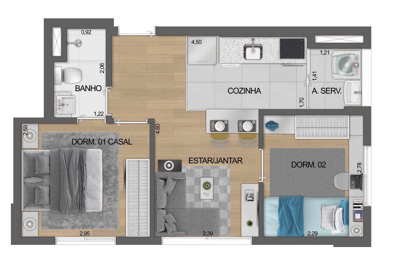 Planta do Boulevard Ibirapuera Iraé em Moema — 2 dormitórios – 39,08 m²