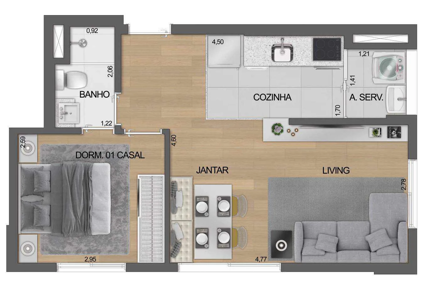 Planta do Boulevard Ibirapuera Iraé em Moema — 1 dormitório – 39,08 m²
