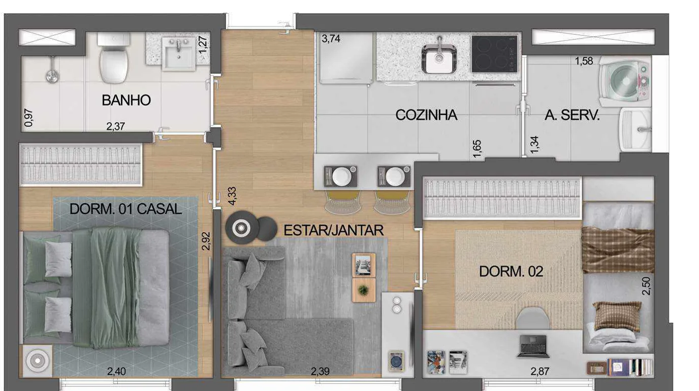 Planta do Boulevard Ibirapuera Iraé em Moema — 2 dormitórios – 38,08 m²