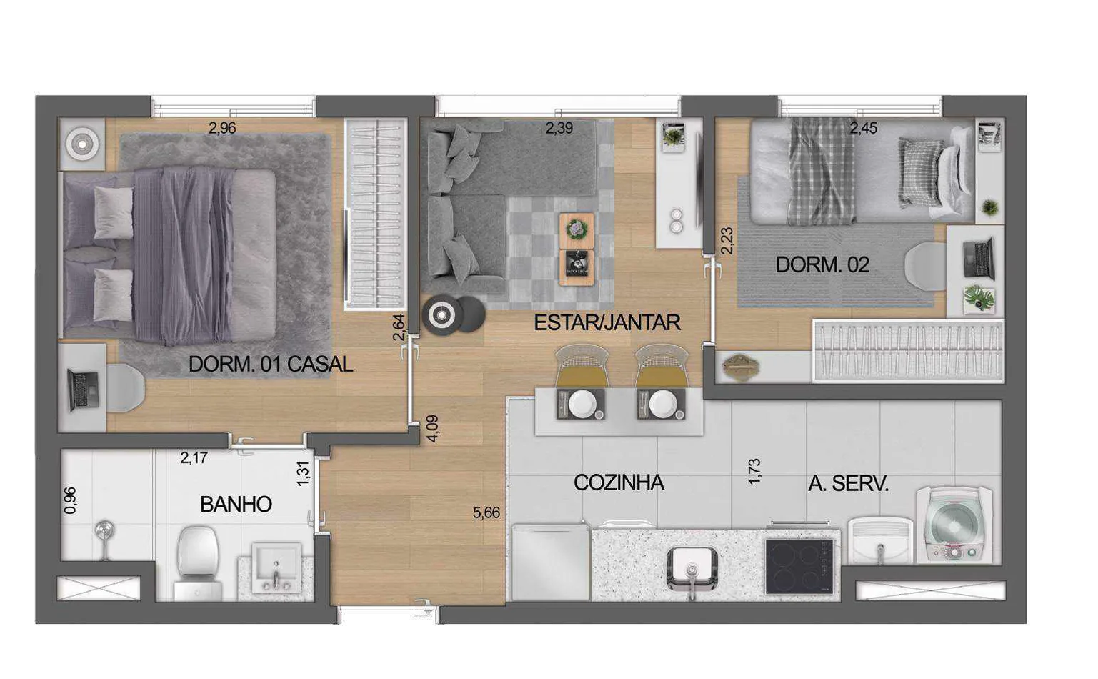Planta do Boulevard Ibirapuera Iraé em Moema — 2 dormitórios – 36,6 m²