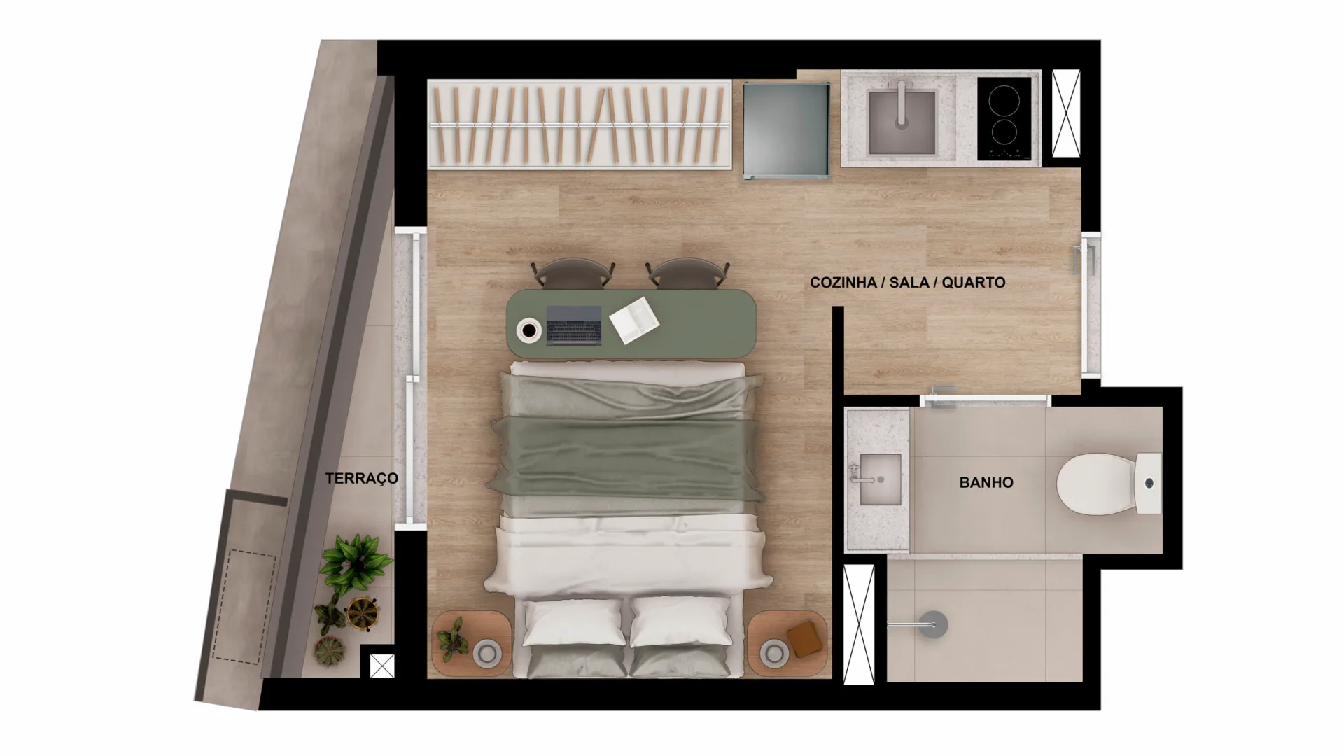 Planta do Bracon Vista Augusta em Bela Vista — 1 dormitório – 19,07 m² Studio