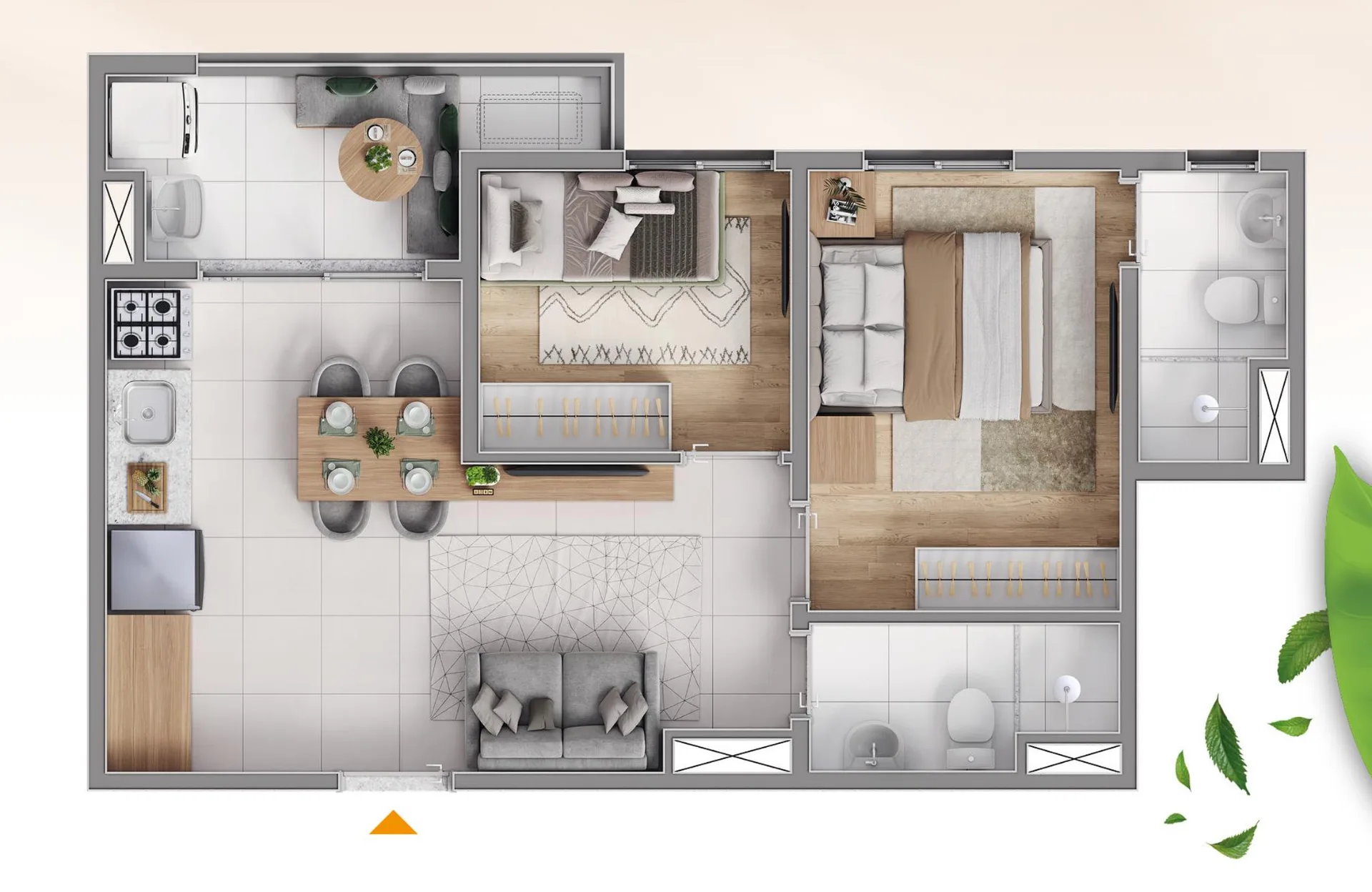 Planta do Brisas da Praça em Cidade Patriarca — 2 dormitórios, 45 m²