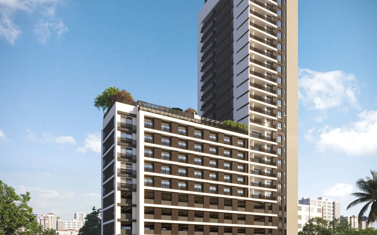 Fachada do Brooklin Noventa Living, lançamento em Brooklin, São Paulo