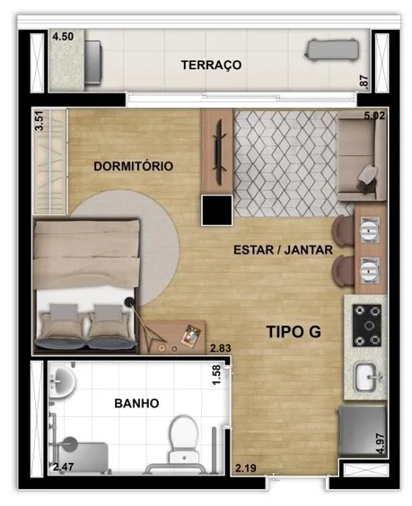 Planta do C290 — 1 dormitório – 34,67 m² Studio