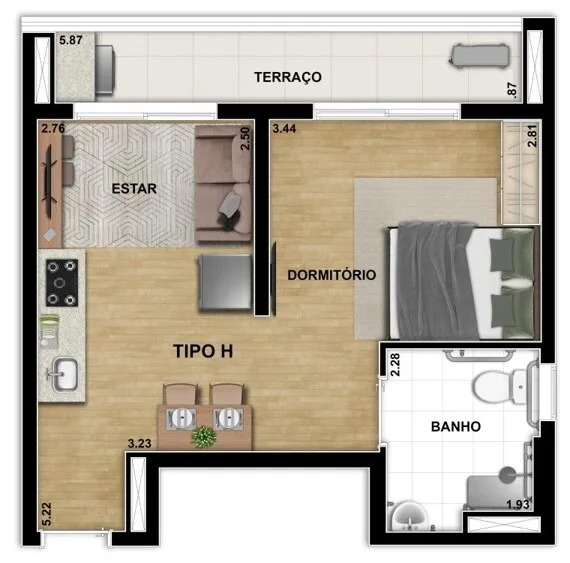 Planta do C290 — 1 dormitório – 40,04 m² Studio