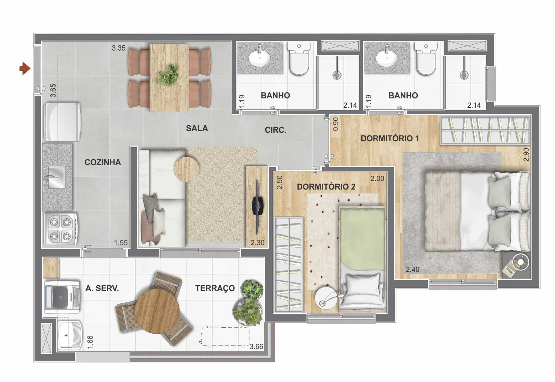Planta do Cidade Mooca Duomo em Mooca — 2 dormitórios – 44,73 m²