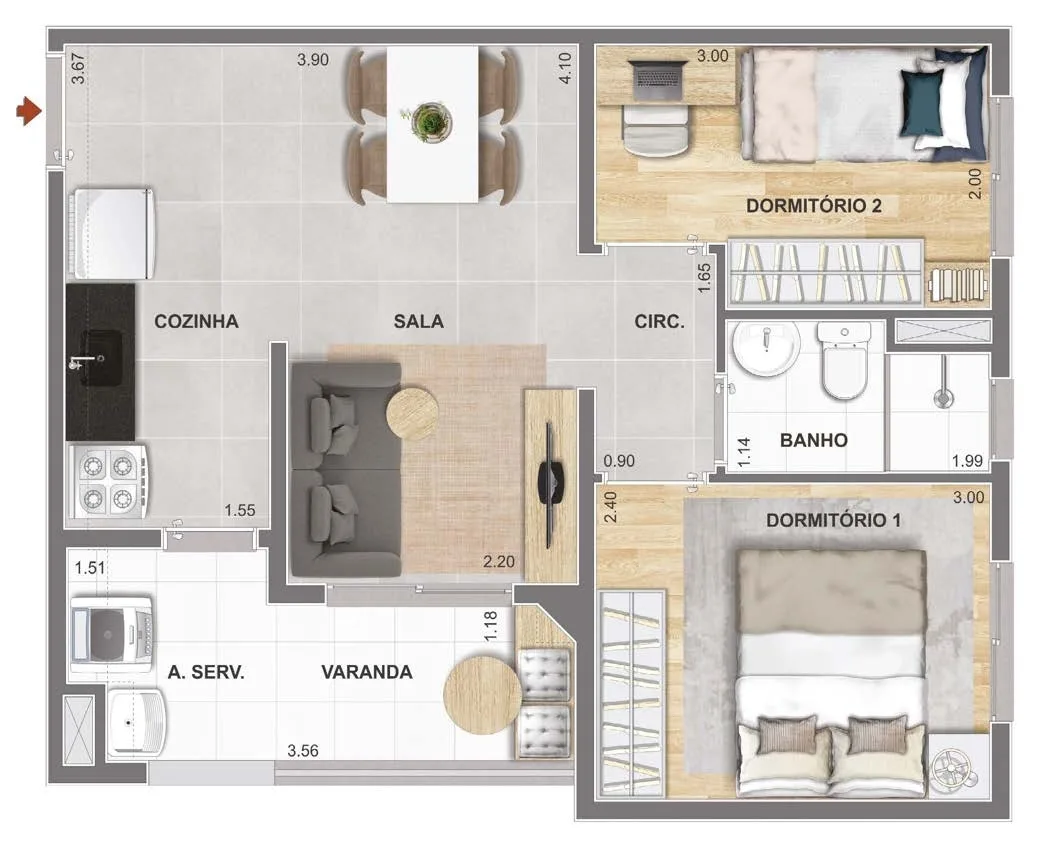 Planta do Cidade Mooca Navona em Mooca — 2 dormitórios, 42,26 m²