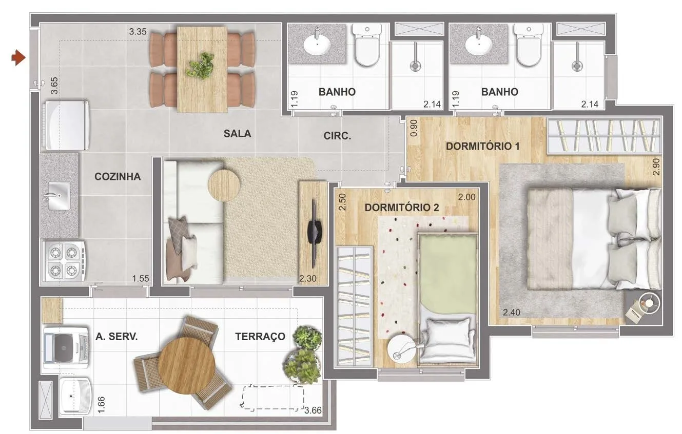 Planta do Cidade Mooca Navona em Mooca — 2 dormitórios, 44,73 m²