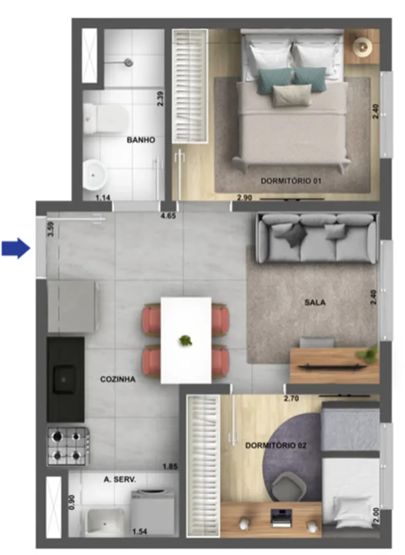 Planta do Cidade Villa Lobos Maestro em Jaguaré — 2 dorm. 34,45 m²