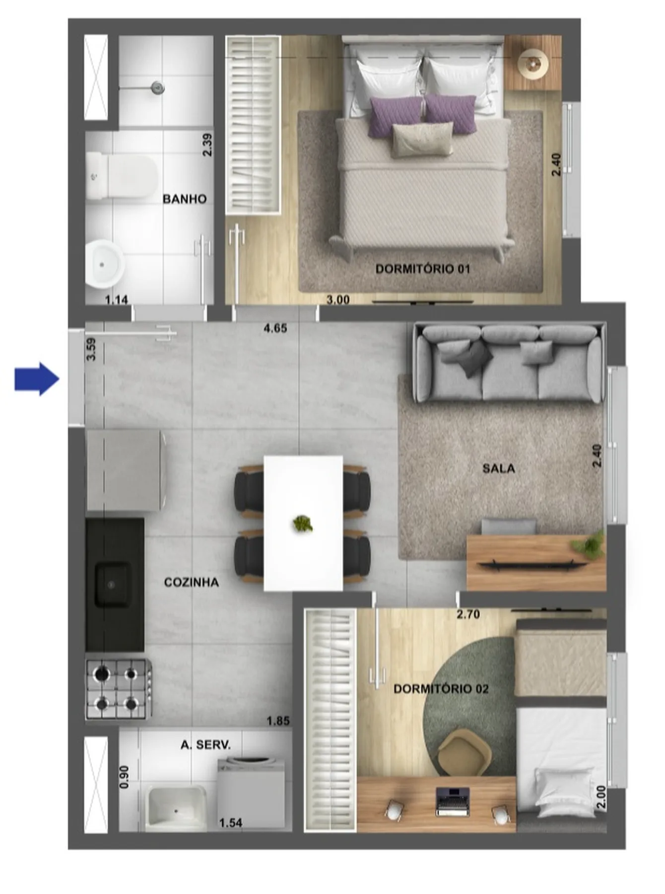 Planta do Cidade Villa Lobos Maestro em Jaguaré — 2 dorm. 34,71 m²
