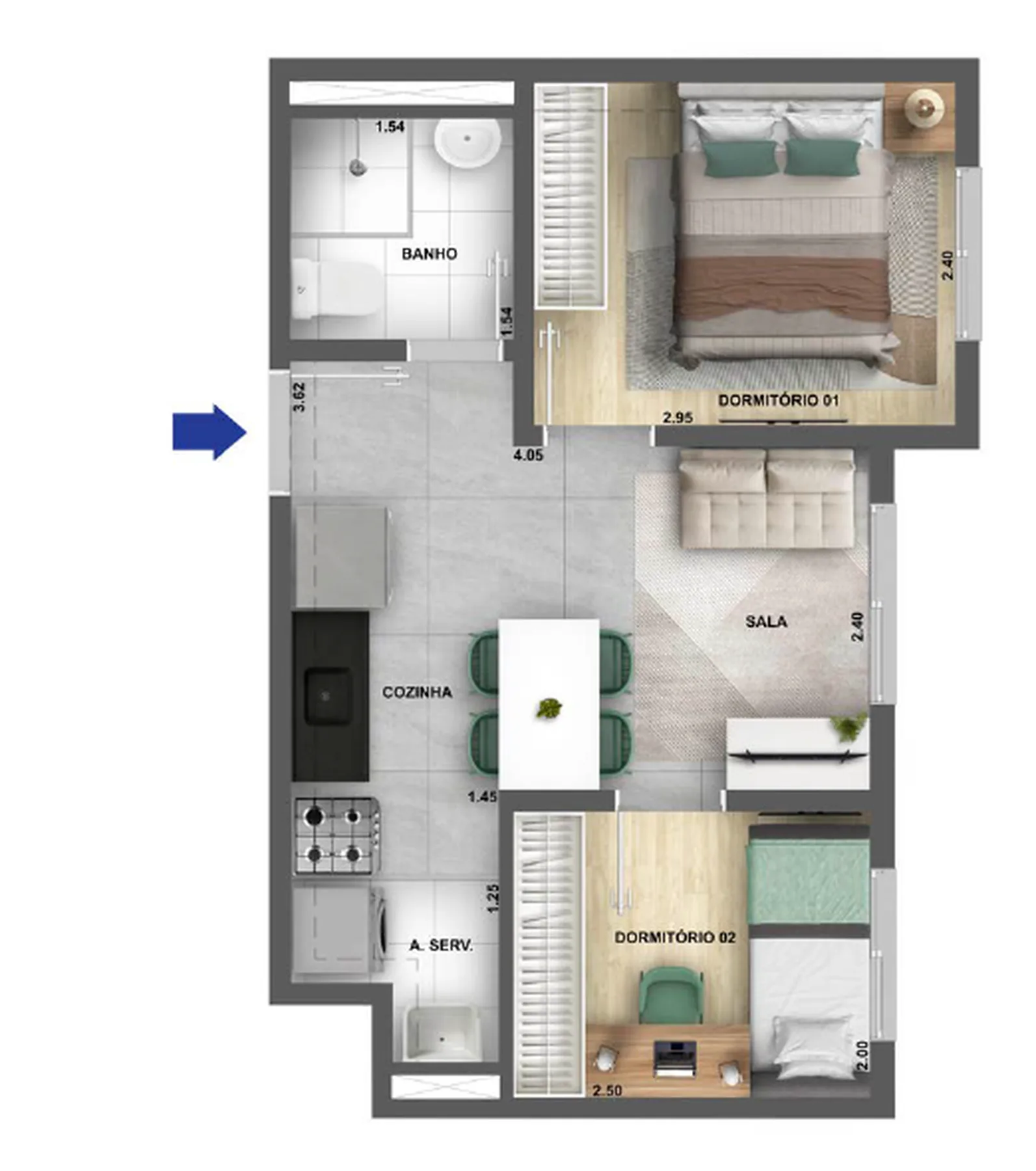 Planta do Cidade Villa Lobos Melodia Fase 1 em Jaguaré — 2 dormitórios, 32,38 m²