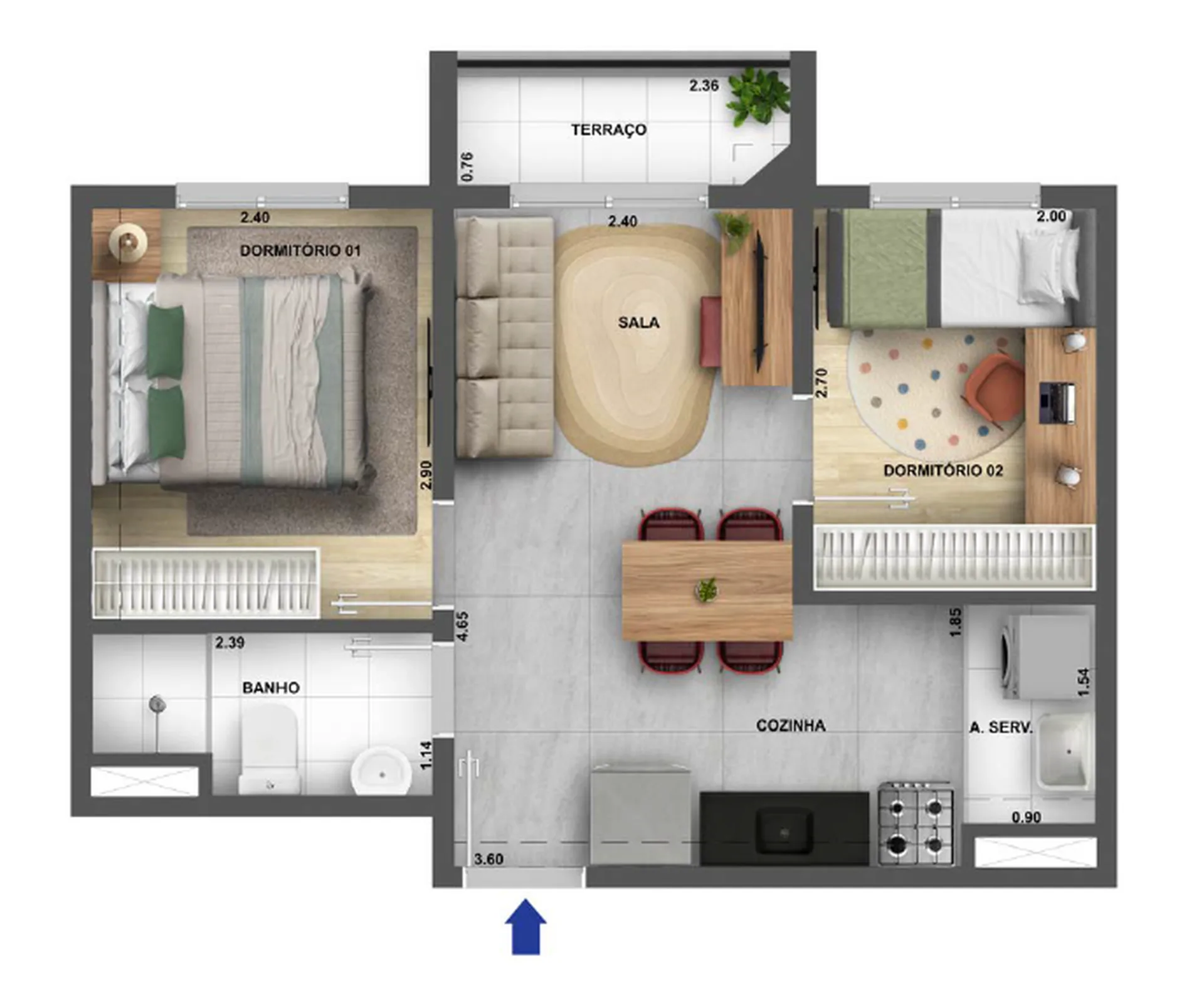 Planta do Cidade Villa Lobos Melodia Fase 1 em Jaguaré — 2 dormitórios, 37,05 m²