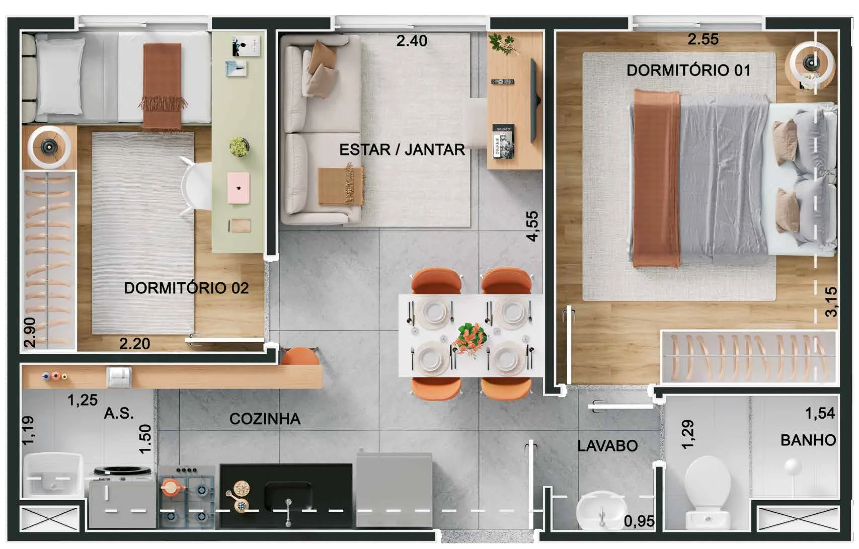 Planta do Cidade Villa Lobos Soprano em Jaguaré — 2 dorm. 36,52 m²