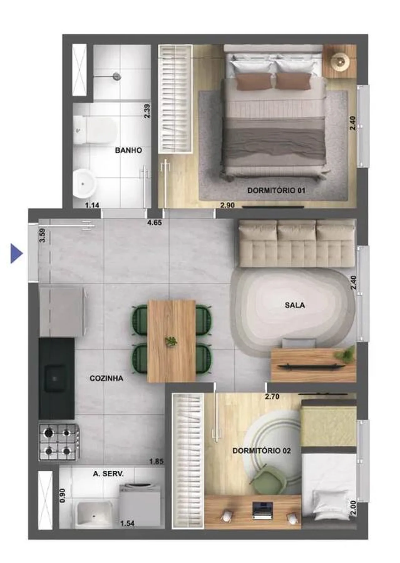 Planta do Cidade Villa Lobos Tenor em Jaguaré — 2 dorm. 34,45 m²