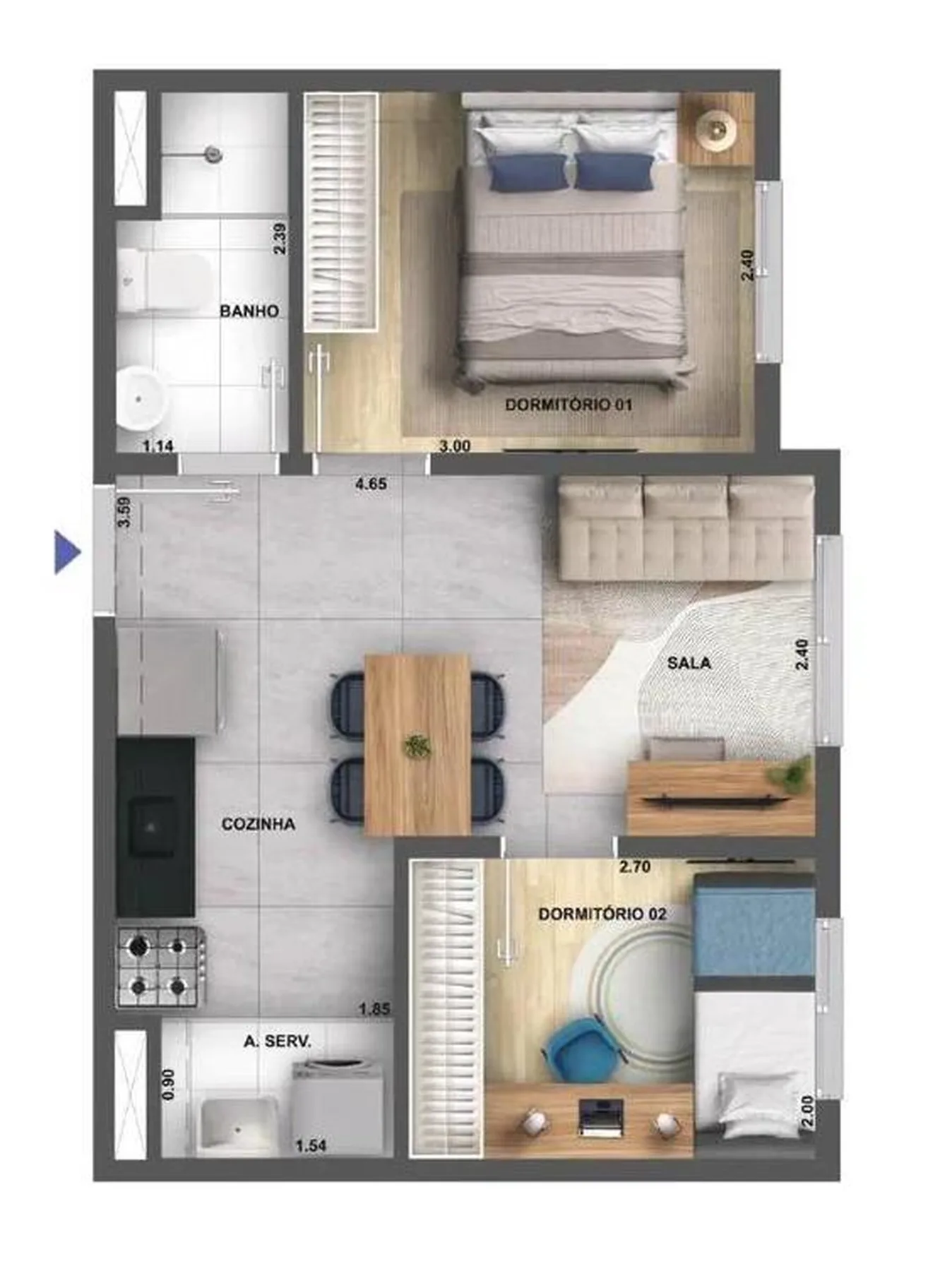Planta do Cidade Villa Lobos Tenor em Jaguaré — 2 dorm. 34,71 m²