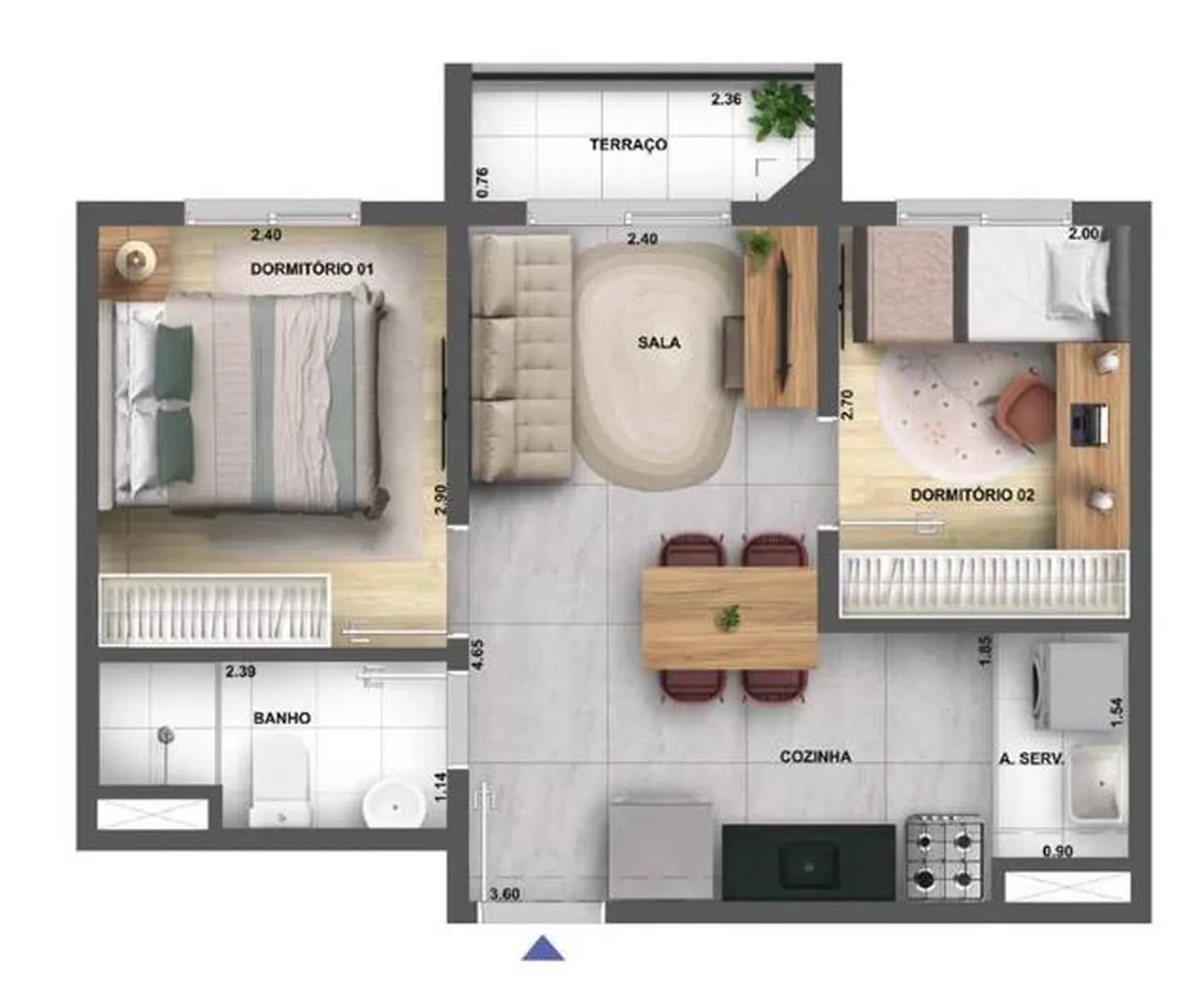 Planta do Cidade Villa Lobos Tenor em Jaguaré — 2 dorm. 37,09 m²