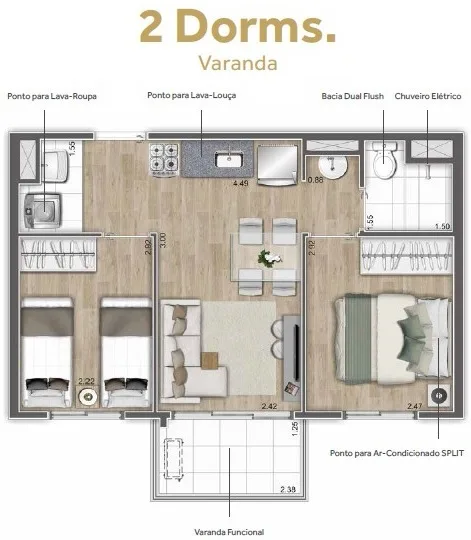 Planta do ClubLine São Judas Fase 1 em Planalto Paulista — 2 dormitórios, 39 m²