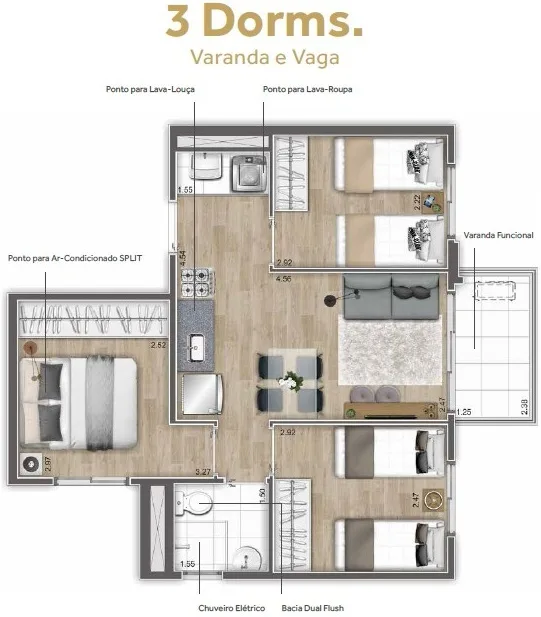 Planta do ClubLine São Judas Fase 1 em Planalto Paulista — 3 dormitórios, 48 m²