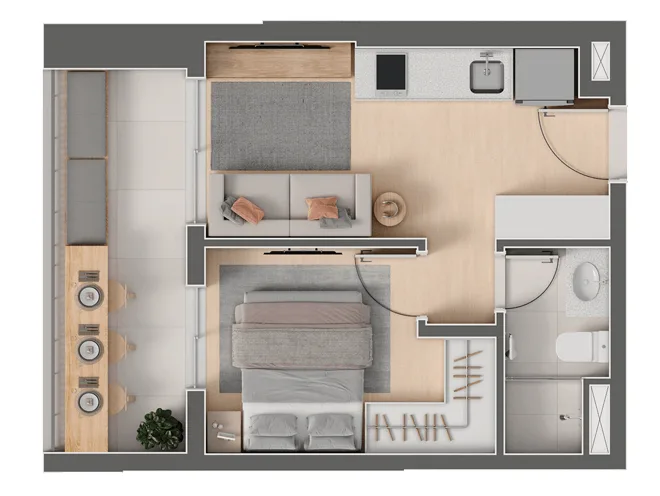 Planta do Criare em Saúde — 1 dormitório, 33,56 m²