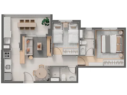 Planta do Criare em Saúde — 2 dormitórios, 57,65 m²