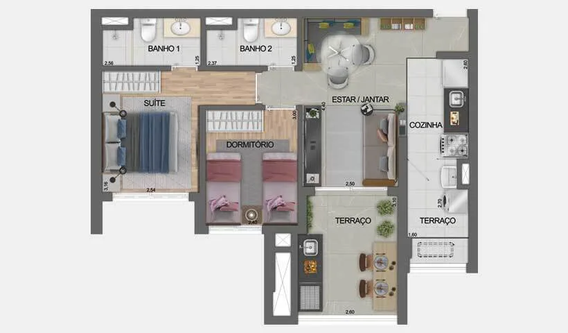 Planta do Dream View Sky Resort – Fase 1 em Vila Prudente — 2 dormitórios – 64 m²