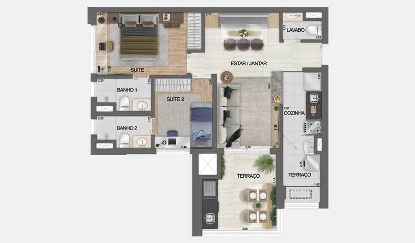 Planta do Dream View Sky Resort – Fase 1 em Vila Prudente — 2 dormitórios – 73 m²