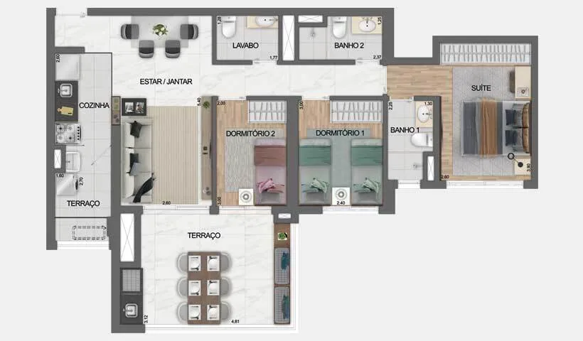 Planta do Dream View Sky Resort – Fase 1 em Vila Prudente — 3 dormitórios – 91 m²