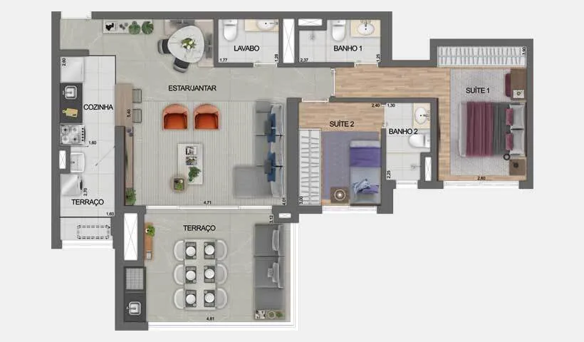 Planta do Dream View Sky Resort – Fase 1 em Vila Prudente — 2 dormitórios – 91 m²